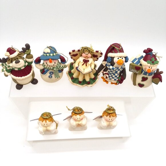 8 Christmas Ornaments Handcrafted Clay Angel Penguin Moose Snowman Holiday Decor - Picture 6 of 7